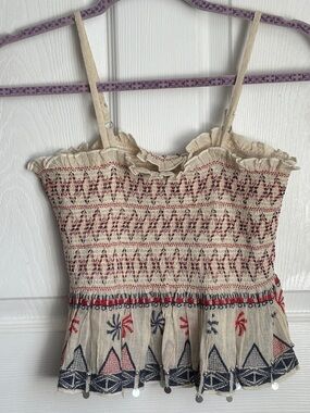 RAGA Cream Smocked Cami Top Red and Blue  Embroidery Sz S adjustable straps Boho